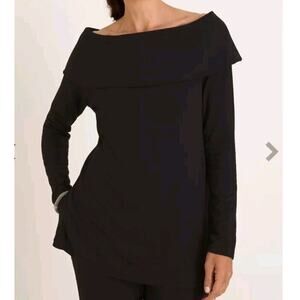 Chico's Tunic Top Medium 1 Black Brushed Fleece Foldover Boat Neck Soft Cozy